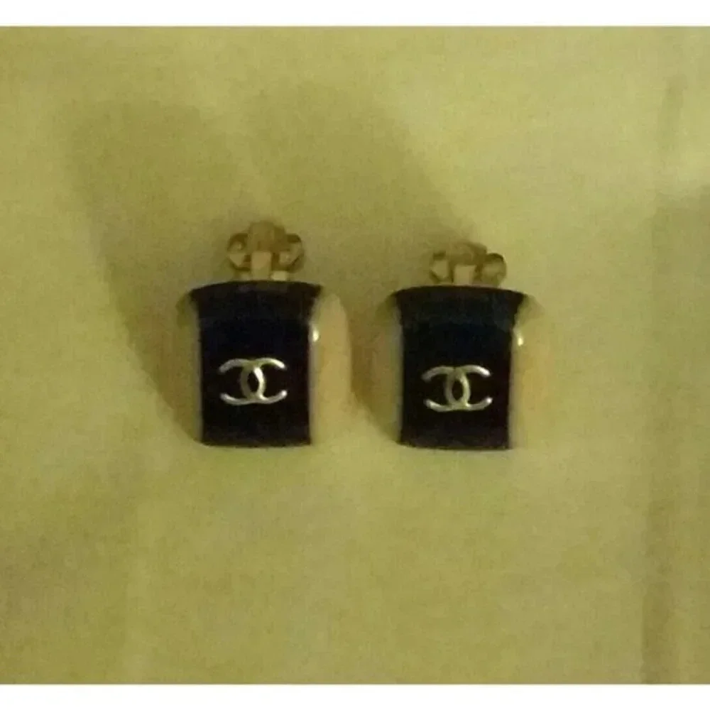 Vintage Authentic Chanel Logo Necklace &  Square Clip Earrings Set ~ Signature